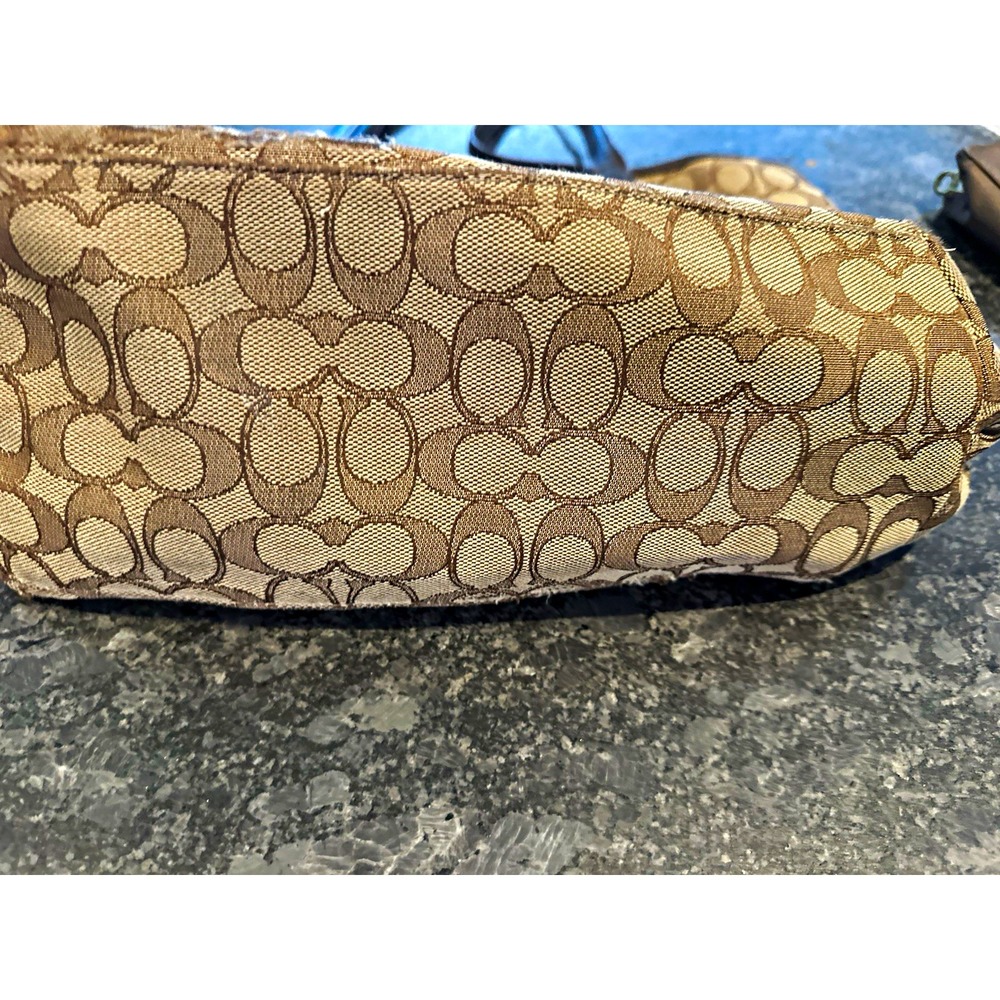Coach Signature Logo Zip Top Tote Bag Beige Brown Gold Hardware Double Handle